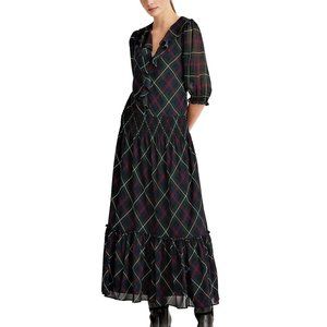 NWT $175 Ralph Lauren Plaid Ruffle Midi Georgette Dress, Sz 14